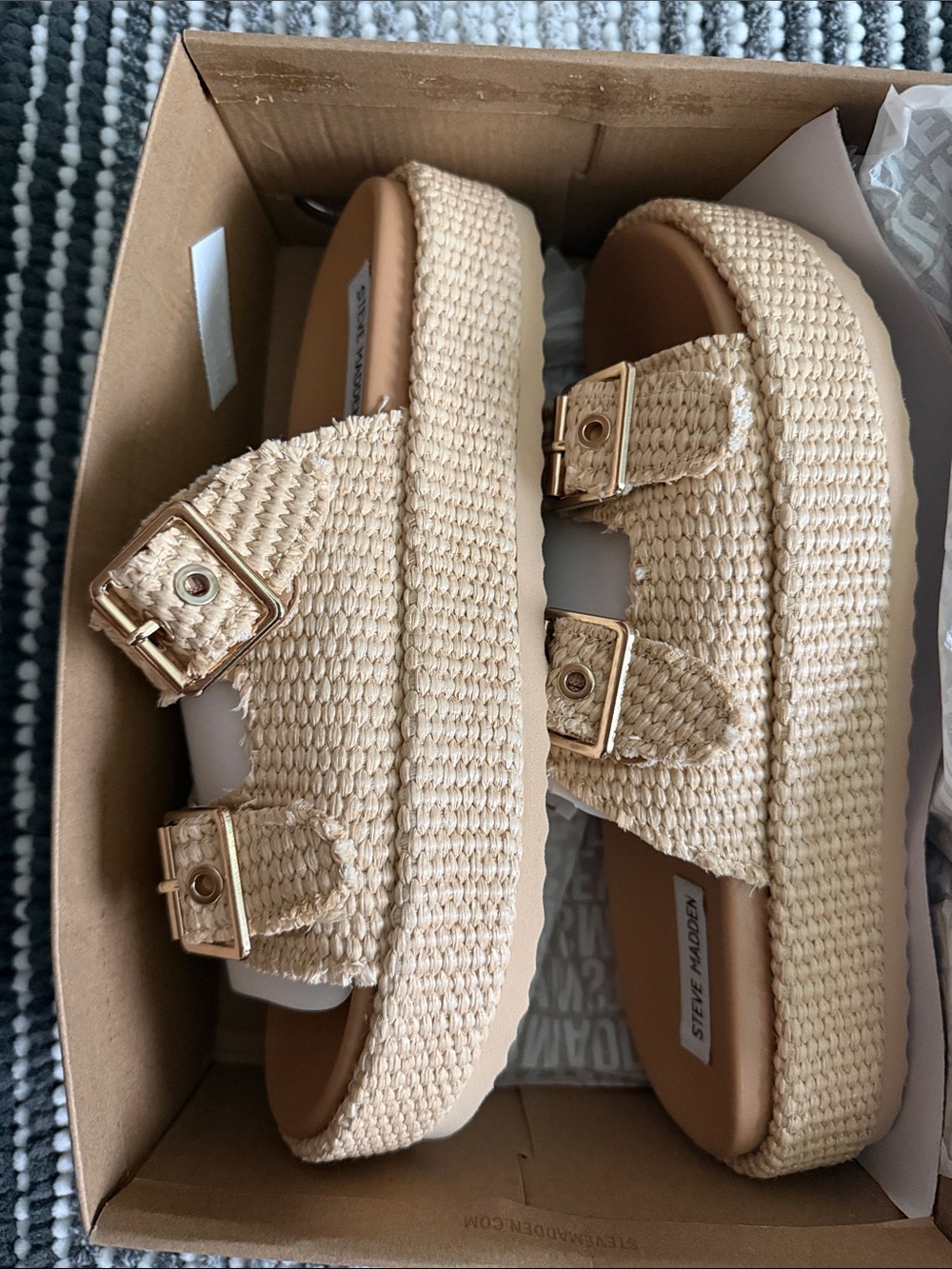 Steve Madden Beige Woven Platform Sandals with Gold Buckles